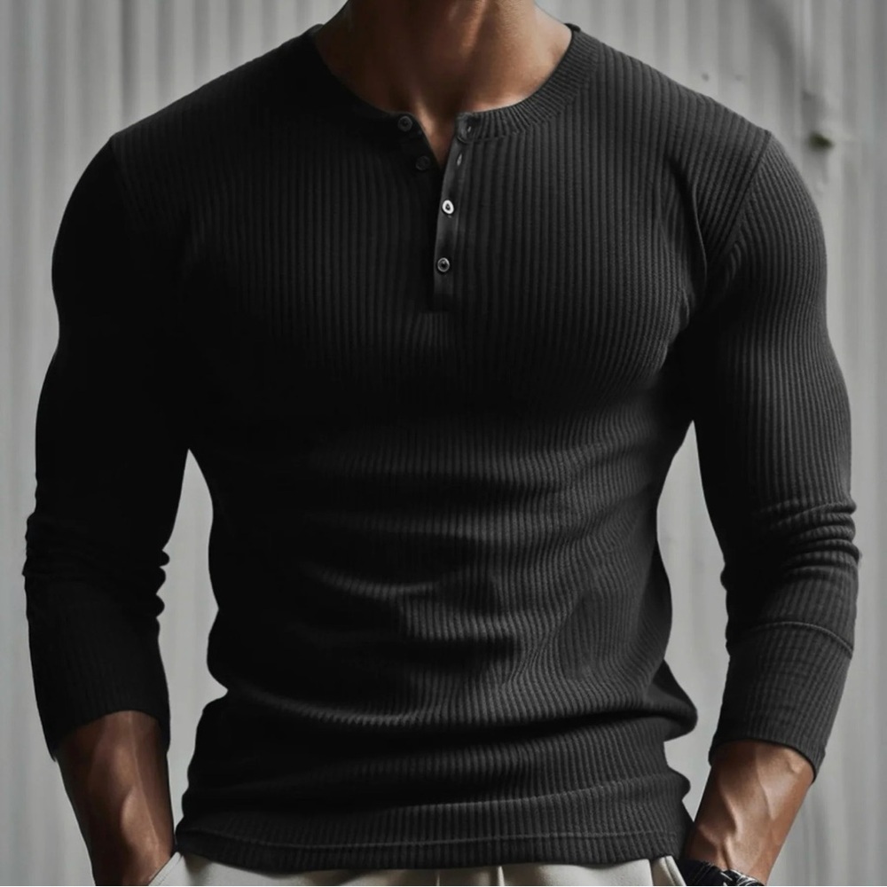 AHA Selected Men's Black Henley Ribbed Shirt - Picture 3 of 3